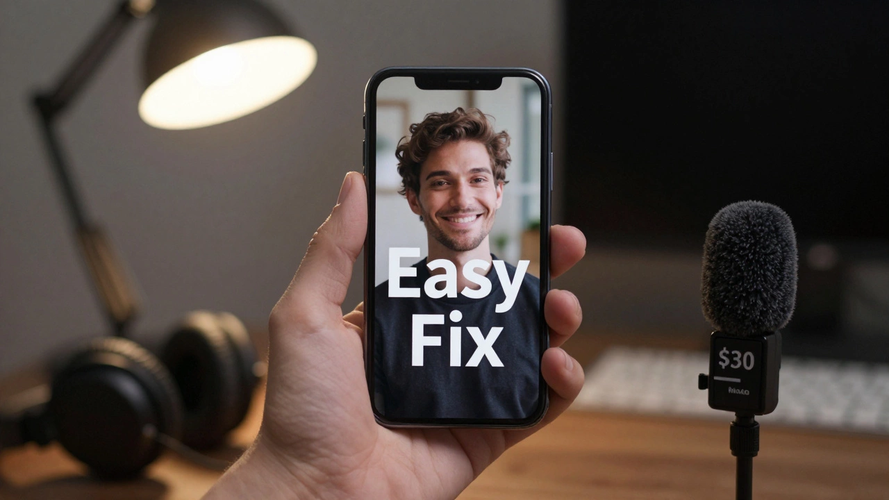 A smartphone screen displaying a thumbnail with bold text &#039;Easy Fix&#039; next to a simple microphone and headphones.