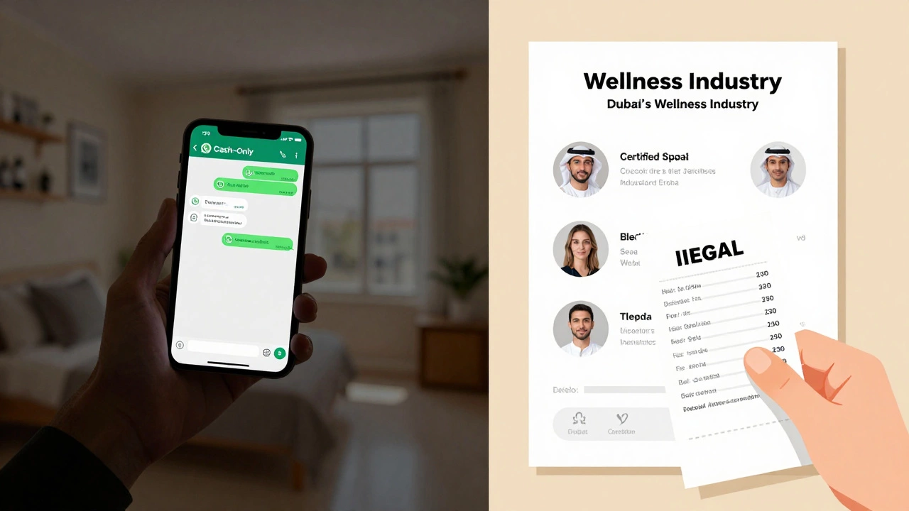 Split-screen contrast: illegal private service on left vs. licensed spa with clear information on right in Dubai.