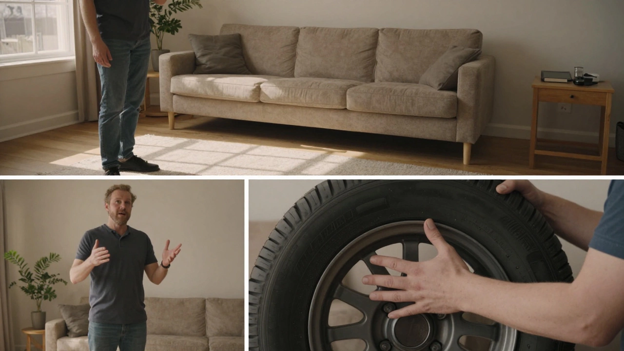 Three clear video shots showing a person explaining how to change a tire, framed simply with natural lighting.