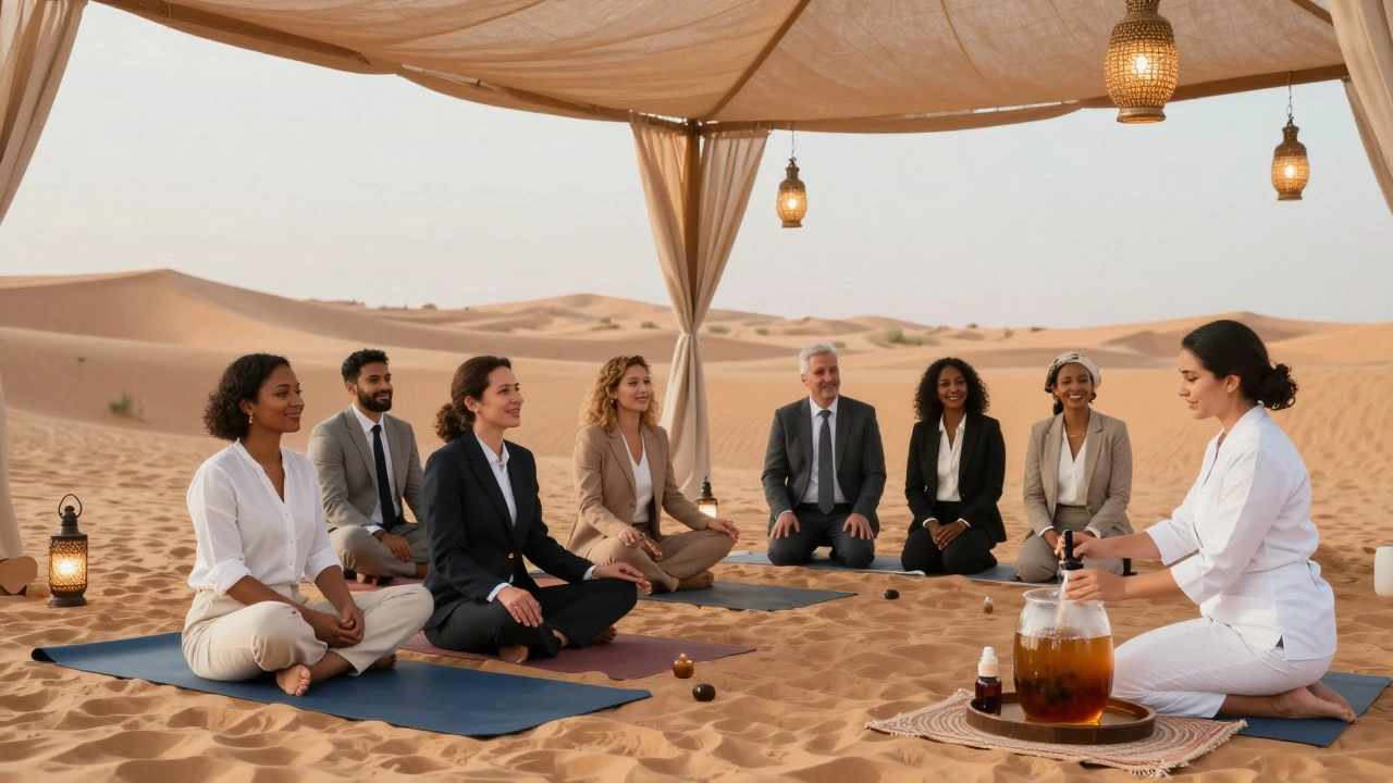 Travelers enjoying yoga and aromatherapy at a serene desert wellness retreat in Dubai under soft lantern light.